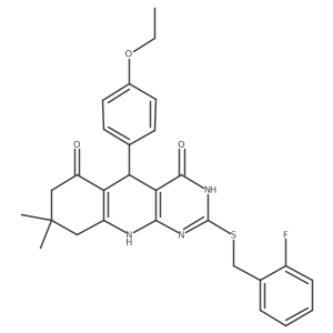 5-(4-ethoxyphenyl)-2-((2-fluorobenzyl)thio)-8,8-dimethyl-7,8,9,10-tetrahydropyrimido[4,5-b]quinoline-4,6(3H,5H)-dione Structure