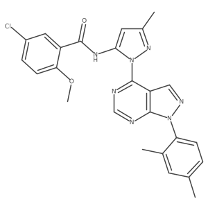 5-chloro-N-{1-[1-(2,4-dimethylphenyl)-1H-pyrazolo[3,4-d]pyrimidin-4-yl]-3-methyl-1H-pyrazol-5-yl}-2-methoxybenzamide结构式