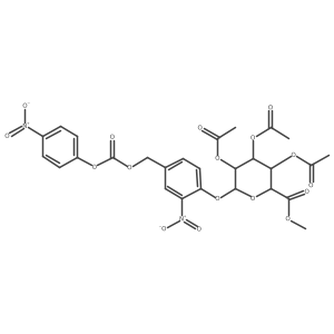 (2S,3S,4S,5R,6S)-2-(Methoxycarbonyl)-6-(2-nitro-4-((((4-nitrophenoxy)carbonyl)oxy)methyl)phenoxy)tetrahydro-2H-pyran-3,4,5-triyl triacetate Structure