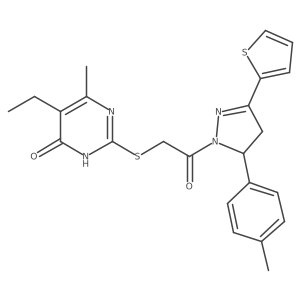 5-ethyl-6-methyl-2-((2-oxo-2-(3-(thiophen-2-yl)-5-(p-tolyl)-4,5-dihydro-1H-pyrazol-1-yl)ethyl)thio)pyrimidin-4(3H)-one结构式