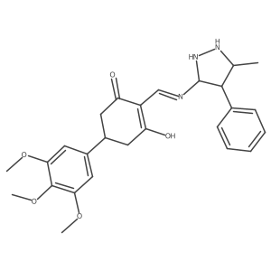 3-hydroxy-2-[(E)-(5-methyl-4-phenylpyrazolidin-3-yl)iminomethyl]-5-(3,4,5-trimethoxyphenyl)cyclohex-2-en-1-one Structure