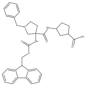 rac-(1R,3S)-3-[1-benzyl-3-({[(9H-fluoren-9-yl)methoxy]carbonyl}amino)pyrrolidine-3-amido]cyclopentane-1-carboxylic acid结构式