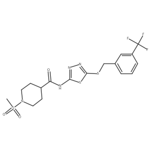 1-(methylsulfonyl)-N-(5-((3-(trifluoromethyl)benzyl)thio)-1,3,4-thiadiazol-2-yl)piperidine-4-carboxamide Structure