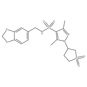 N-(benzo[d][1,3]dioxol-5-ylmethyl)-1-(1,1-dioxidotetrahydrothiophen-3-yl)-3,5-dimethyl-1H-pyrazole-4-sulfonamide结构式