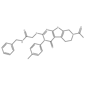 2-{[11-acetyl-4-(4-methylphenyl)-3-oxo-8-thia-4,6,11-triazatricyclo[7.4.0.0^{2,7}]trideca-1(9),2(7),5-trien-5-yl]sulfanyl}-N-benzylacetamide结构式