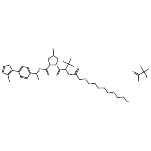 (2S,4R)-1-[(2S)-2-[[2-[2-[2-(2-aminoethoxy)ethoxy]ethoxy]acetyl]amino]-3,3-dimethyl-butanoyl]-4-hydroxy-N-[(1S)-1-[4-(4-methylthiazol-5-yl)phenyl]ethyl]pyrrolidine-2-carboxamide;2,2,2-trifluoroacetic acid Structure