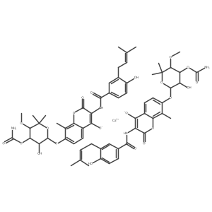 Benzamide, N-[7-[[3-O-(aminocarbonyl)-6-deoxy-5-C-methyl-4-O-methyl-alpha-L-lyxo-hexopyranosyl]oxy]-4-hydroxy-8-methyl-2-oxo-2H-1-benzopyran-3-yl]-4-hydroxy-3-(3-methyl-2-buten-1-yl)-, calcium salt (2:1)结构式