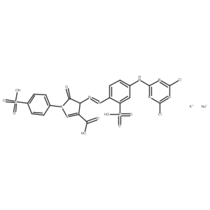 4-((4-((4,6-Dichloro-1,3,5-triazin-2-yl)amino)-2-sulphophenyl)azo)-4,5-dihydro-5-oxo-1-(4-sulphophenyl)-1H-pyrazole-3-carboxylic acid, potassium sodium salt Structure
