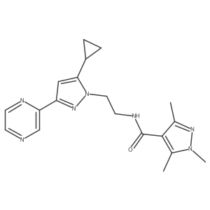 N-(2-(5-cyclopropyl-3-(pyrazin-2-yl)-1H-pyrazol-1-yl)ethyl)-1,3,5-trimethyl-1H-pyrazole-4-carboxamide结构式