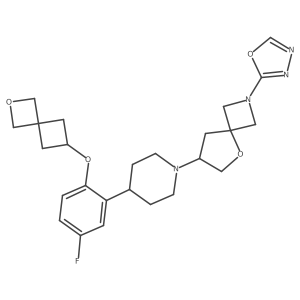 (7S)-7-[4-[5-fluoro-2-(2-oxaspiro[3.3]heptan-6-yloxy)phenyl]piperidin-1-yl]-2-(1,3,4-oxadiazol-2-yl)-5-oxa-2-azaspiro[3.4]octane结构式