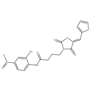 (E)-4-(5-(furan-2-ylmethylene)-4-oxo-2-thioxothiazolidin-3-yl)-N-(2-hydroxy-4-nitrophenyl)butanamide结构式