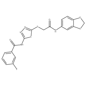N-(5-((2-(benzo[d][1,3]dioxol-5-ylamino)-2-oxoethyl)thio)-1,3,4-thiadiazol-2-yl)-3-fluorobenzamide结构式