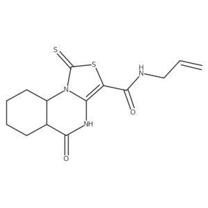5-oxo-N-prop-2-enyl-1-sulfanylidene-5a,6,7,8,9,9a-hexahydro-4H-[1,3]thiazolo[3,4-a]quinazoline-3-carboxamide结构式