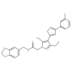 2-{5-amino-4-[3-(3-methylphenyl)-1,2,4-oxadiazol-5-yl]-3-(methylsulfanyl)-1H-pyrazol-1-yl}-N-[(2H-1,3-benzodioxol-5-yl)methyl]acetamide结构式
