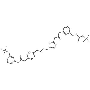 tert-Butyl (3-(2-oxo-2-((5-(4-(6-(2-(3-(trifluoromethoxy)phenyl)acetamido)pyridazin-3-yl)butyl)-1,3,4-thiadiazol-2-yl)amino)ethyl)benzyl)carbamate结构式