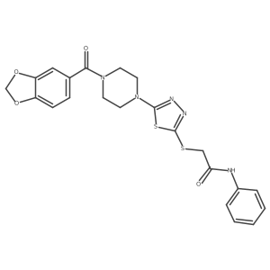 O=C(CSc1nnc(N2CCN(C(=O)c3ccc4c(c3)OCO4)CC2)s1)Nc1ccccc1结构式