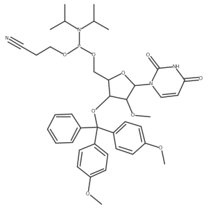 3-[[(2R,3R,4R,5R)-3-[bis(4-methoxyphenyl)-phenyl-methoxy]-5-(2,4-dioxopyrimidin-1-yl)-4-methoxy-tetrahydrofuran-2-yl]methoxy-(diisopropylamino)phosphanyl]oxypropanenitrile Structure
