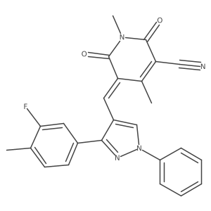 (5Z)-5-{[3-(3-fluoro-4-methylphenyl)-1-phenyl-1H-pyrazol-4-yl]methylidene}-1,4-dimethyl-2,6-dioxo-1,2,5,6-tetrahydropyridine-3-carbonitrile结构式