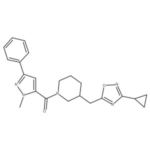(3-((3-cyclopropyl-1,2,4-oxadiazol-5-yl)methyl)piperidin-1-yl)(1-methyl-3-phenyl-1H-pyrazol-5-yl)methanone结构式