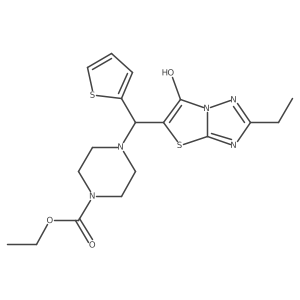 Ethyl 4-((2-ethyl-6-hydroxythiazolo[3,2-b][1,2,4]triazol-5-yl)(thiophen-2-yl)methyl)piperazine-1-carboxylate结构式