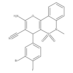 2-Amino-4-(3-bromo-4-fluorophenyl)-6-methyl-4,6-dihydropyrano[3,2-c][2,1]benzothiazine-3-carbonitrile 5,5-dioxide Structure