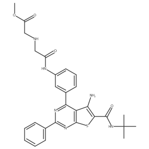Methyl 2-((2-((3-(5-amino-6-(tert-butylcarbamoyl)-2-phenylthieno[2,3-d]pyrimidin-4-yl)phenyl)amino)-2-oxoethyl)amino)acetate结构式