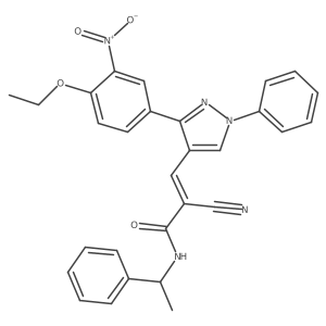 (Z)-2-Cyano-3-[3-(4-ethoxy-3-nitrophenyl)-1-phenylpyrazol-4-yl]-N-(1-phenylethyl)prop-2-enamide结构式