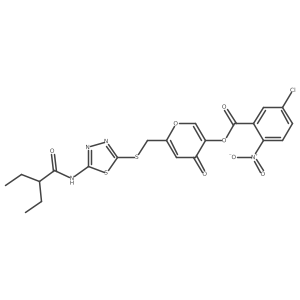 6-(((5-(2-ethylbutanamido)-1,3,4-thiadiazol-2-yl)thio)methyl)-4-oxo-4H-pyran-3-yl 5-chloro-2-nitrobenzoate结构式