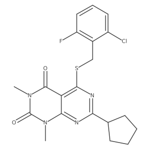 5-((2-chloro-6-fluorobenzyl)thio)-7-cyclopentyl-1,3-dimethylpyrimido[4,5-d]pyrimidine-2,4(1H,3H)-dione Structure