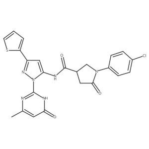 1-(4-chlorophenyl)-N-(1-(4-methyl-6-oxo-1,6-dihydropyrimidin-2-yl)-3-(thiophen-2-yl)-1H-pyrazol-5-yl)-5-oxopyrrolidine-3-carboxamide结构式