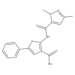 N-(3-carbamoyl-5-phenylthiophen-2-yl)-1,3-dimethyl-1H-pyrazole-5-carboxamide Structure