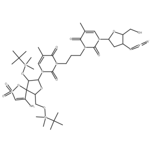 3-[3-[3-[4-Amino-9-[tert-butyl(dimethyl)silyl]oxy-6-[[tert-butyl(dimethyl)silyl]oxymethyl]-2,2-dioxo-1,7-dioxa-2lambda6-thiaspiro[4.4]non-3-en-8-yl]-5-methyl-2,6-dioxopyrimidin-1-yl]propyl]-1-[4-azido-5-(hydroxymethyl)oxolan-2-yl]-5-methylpyrimidine-2,4-dione结构式