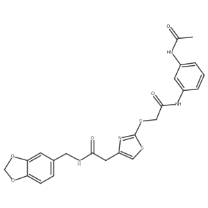 N-(3-acetamidophenyl)-2-((4-(2-((benzo[d][1,3]dioxol-5-ylmethyl)amino)-2-oxoethyl)thiazol-2-yl)thio)acetamide结构式