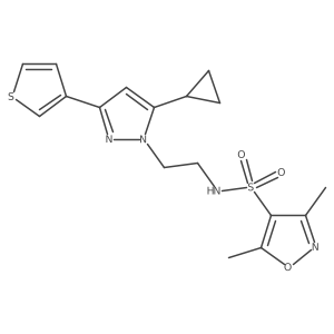 N-(2-(5-cyclopropyl-3-(thiophen-3-yl)-1H-pyrazol-1-yl)ethyl)-3,5-dimethylisoxazole-4-sulfonamide结构式