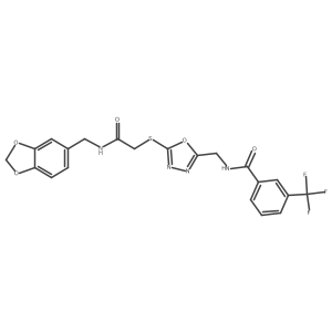 N-((5-((2-((benzo[d][1,3]dioxol-5-ylmethyl)amino)-2-oxoethyl)thio)-1,3,4-oxadiazol-2-yl)methyl)-3-(trifluoromethyl)benzamide结构式