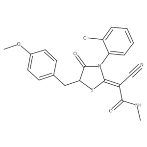 (E)-2-(3-(2-chlorophenyl)-5-(4-methoxybenzyl)-4-oxothiazolidin-2-ylidene)-2-cyano-N-methylacetamide结构式