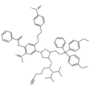(2R,3S,5R)-5-(6-Benzamido-5-nitro-2-(4-nitrophenethoxy)pyridin-3-yl)-2-((bis(4-methoxyphenyl)(phenyl)methoxy)methyl)tetrahydrofuran-3-yl (2-cyanoethyl) diisopropylphosphoramidite结构式