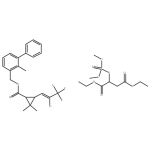 2-[(Dimethoxyphosphinothioyl)thio]butanedioic acid 1,4-diethyl ester mixt. with (1R,3R)-(2-methyl[1,1'-biphenyl]-3-yl)methyl 3-[(1Z)-2-chloro-3,3,3-trifluoro-1-propen-1-yl]-2,2-dimethylcyclopropanecarboxylate (1:1) Structure