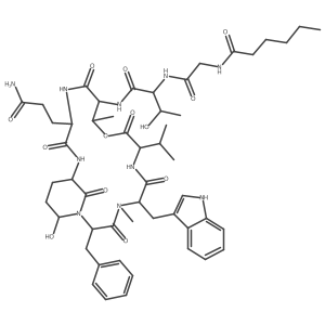 N-[2-[[(2S,3R)-1-[[(2S,5S,8S,11S,12S,15S,18S,21R)-15-(3-amino-3-oxopropyl)-2-benzyl-21-hydroxy-5-(1H-indol-3-ylmethyl)-4,11-dimethyl-3,6,9,13,16,22-hexaoxo-8-propan-2-yl-10-oxa-1,4,7,14,17-pentazabicyclo[16.3.1]docosan-12-yl]amino]-3-hydroxy-1-oxobutan-2-yl]amino]-2-oxoethyl]hexanamide结构式
