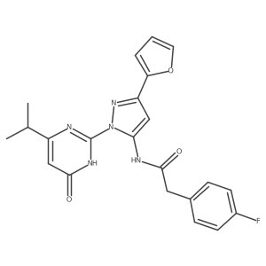 2-(4-fluorophenyl)-N-(3-(furan-2-yl)-1-(4-isopropyl-6-oxo-1,6-dihydropyrimidin-2-yl)-1H-pyrazol-5-yl)acetamide结构式