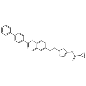 6-(((5-(cyclopropanecarboxamido)-1,3,4-thiadiazol-2-yl)thio)methyl)-4-oxo-4H-pyran-3-yl [1,1'-biphenyl]-4-carboxylate结构式