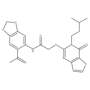 N-(6-acetyl-1,3-benzodioxol-5-yl)-2-{[3-(3-methylbutyl)-4-oxo-3,4-dihydrothieno[3,2-d]pyrimidin-2-yl]sulfanyl}acetamide结构式