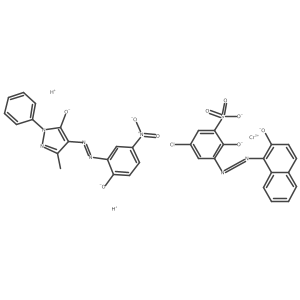 Cc1nn(-c2ccccc2)c([O-])c1N=Nc1cc([N+](=O)[O-])ccc1[O-].O=S(=O)([O-])c1cc(Cl)cc(N=Nc2c([O-])ccc3ccccc23)c1[O-].[Cr+3].[H+].[H+]结构式