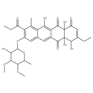 2-Naphthacenecarboxylic acid, 3-[(6-deoxy-3,4-di-O-methyl-I+/--L-mannopyranosyl)oxy]-6,6a,7,10,10a,11-hexahydro-6a,7,10a,12-tetrahydroxy-8-methoxy-1-methyl-6,10,11-trioxo-, methyl ester, (6aR,7S,10aR)- Structure