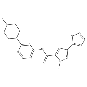 1-methyl-N-(6-(4-methylpiperidin-1-yl)pyrimidin-4-yl)-3-(thiophen-2-yl)-1H-pyrazole-5-carboxamide结构式