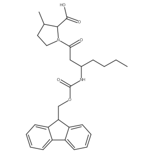 1-[(3S)-3-({[(9H-fluoren-9-yl)methoxy]carbonyl}amino)heptanoyl]-3-methylpyrrolidine-2-carboxylic acid结构式