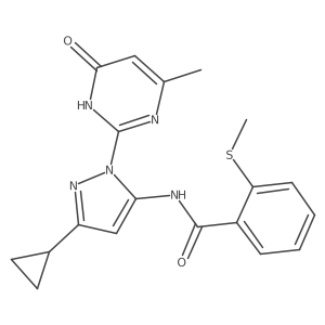 N-(3-cyclopropyl-1-(4-methyl-6-oxo-1,6-dihydropyrimidin-2-yl)-1H-pyrazol-5-yl)-2-(methylthio)benzamide结构式