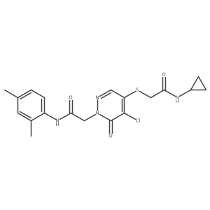 2-((5-chloro-1-(2-((2,4-dimethylphenyl)amino)-2-oxoethyl)-6-oxo-1,6-dihydropyridazin-4-yl)thio)-N-cyclopropylacetamide结构式