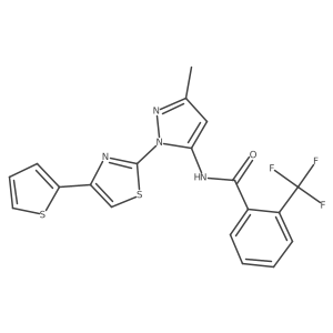 N-{3-methyl-1-[4-(thiophen-2-yl)-1,3-thiazol-2-yl]-1H-pyrazol-5-yl}-2-(trifluoromethyl)benzamide结构式
