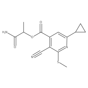 1-Carbamoylethyl 3-cyano-6-cyclopropyl-2-(methylsulfanyl)pyridine-4-carboxylate结构式
